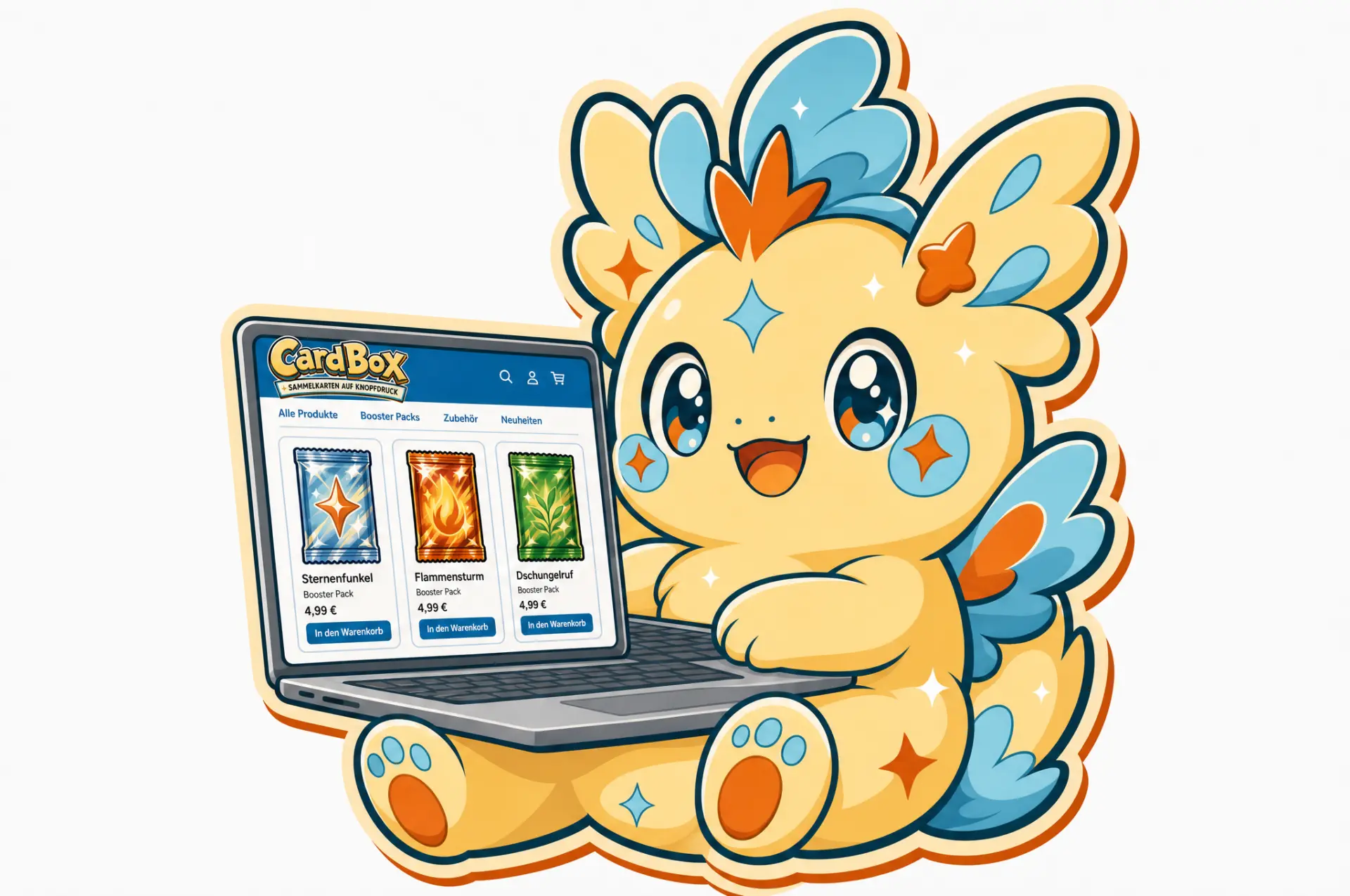 CardBox Maskottchen zeigt den Online-Shop, der den Automaten-Ausbau finanziert